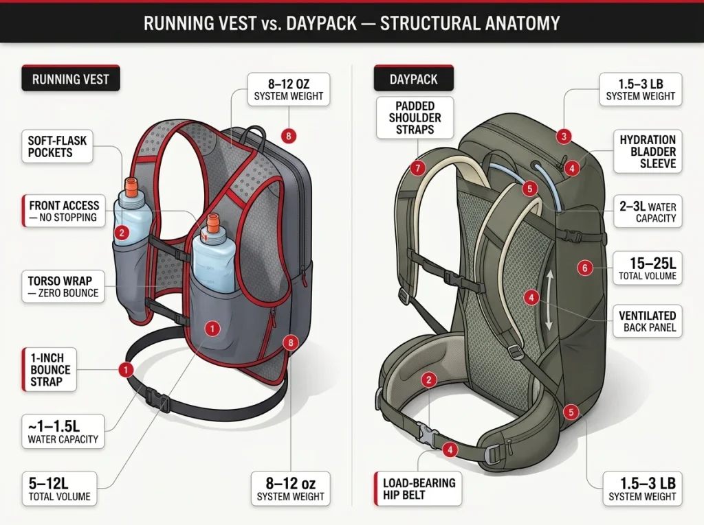 Infographic comparing running vest and daypack anatomy with labeled soft-flask pockets, torso wrap, hip belt, and ventilated back panel
