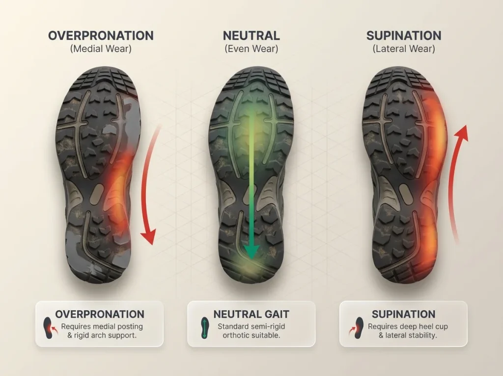 Infographic showing 3 hiking shoe sole wear patterns indicating overpronation, supination, and neutral gait