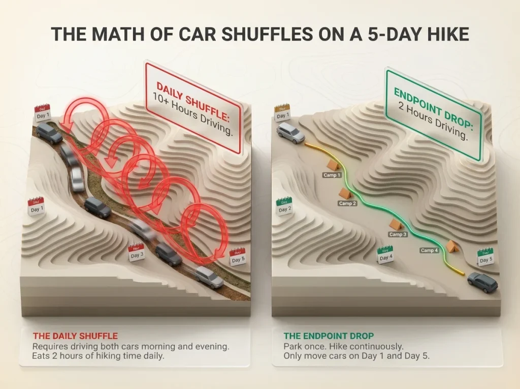 Infographic comparing hours spent driving on daily car shuffles versus a one-time endpoint drop for a 5-day hike