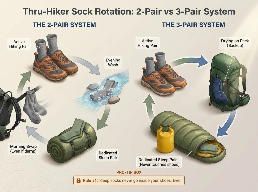 Infographic comparing 2-pair and 3-pair thru-hiking sock rotation systems with labeled daily cycle steps and gear.