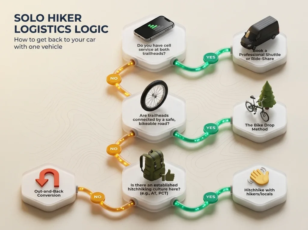 Infographic flowchart showing shuttle logic for solo hikers based on cell service, roads, and hitchhiking