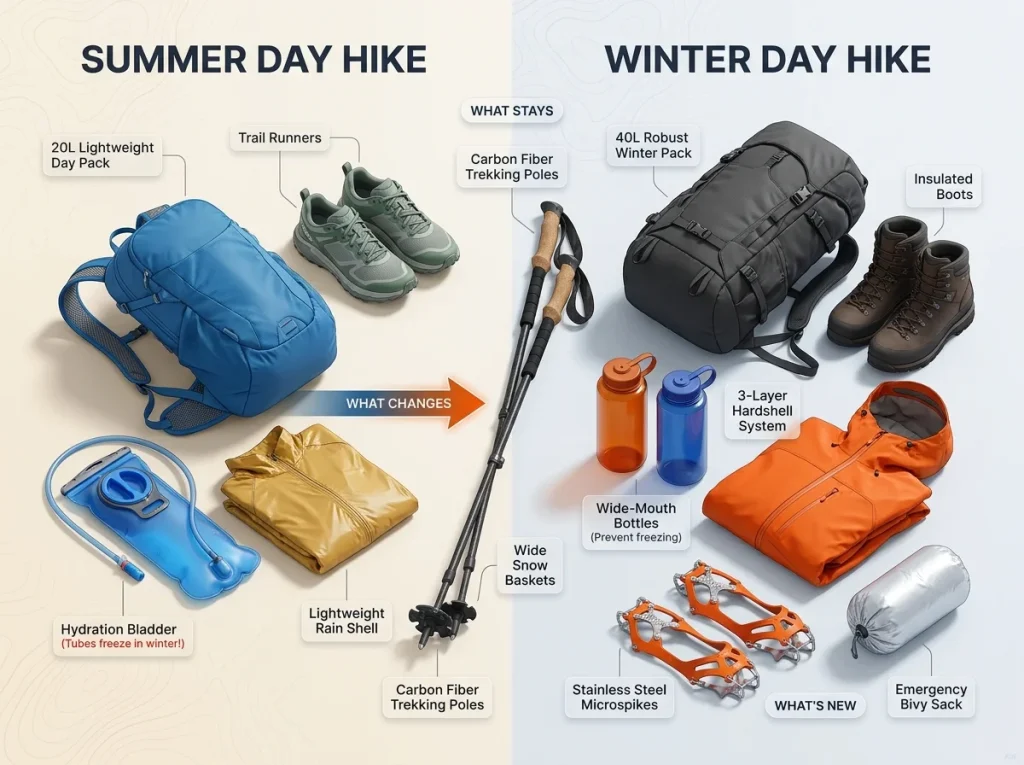 Infographic comparing summer and winter day hiking gear, detailing what stays, what changes, and what new items are required for cold weather.