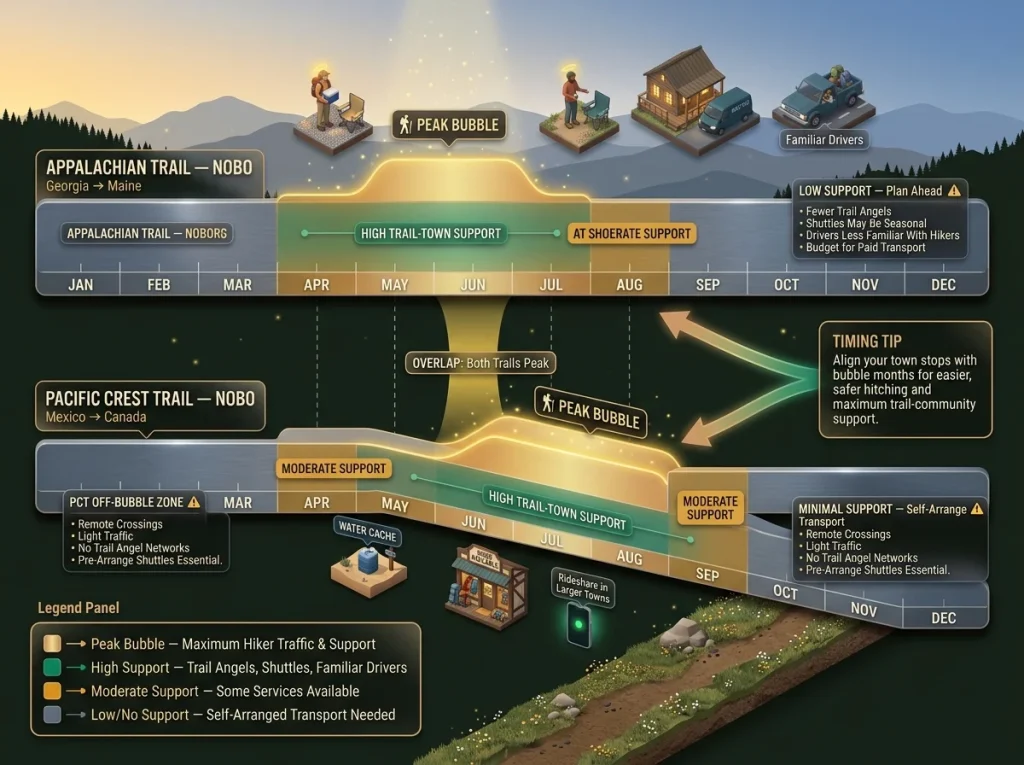 Timeline infographic showing AT and PCT bubble months with trail angel availability and town support levels