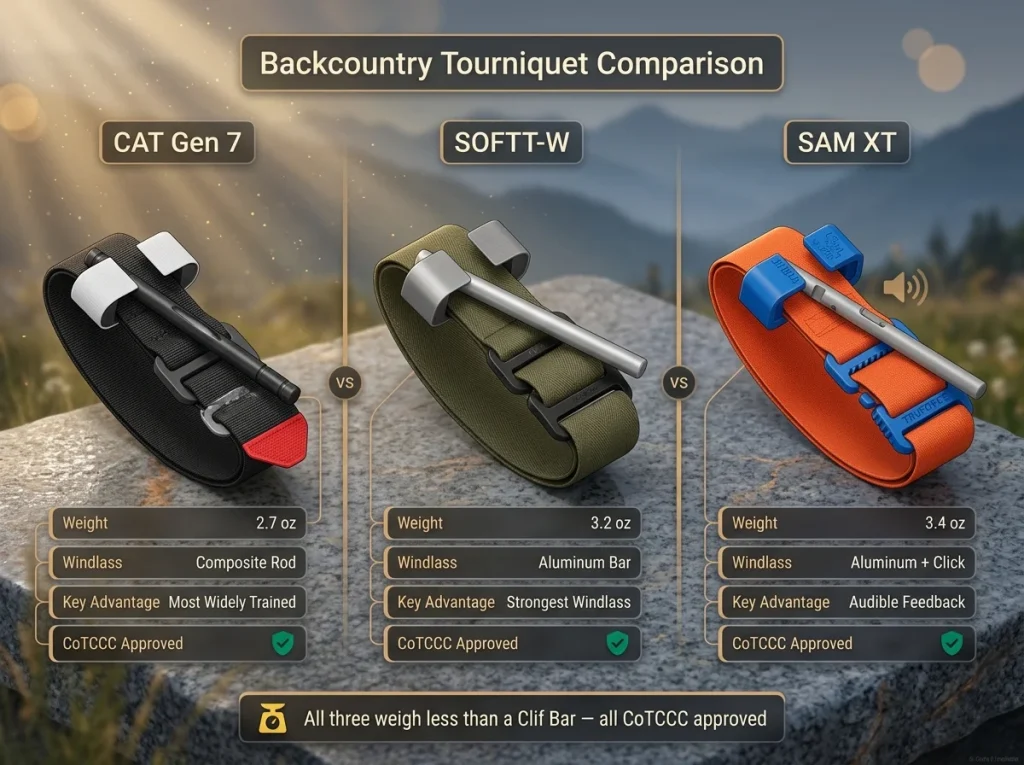 Infographic comparing CAT Gen 7, SOFTT-W, and SAM XT tourniquets with weight, windlass type, key advantage, and CoTCCC status