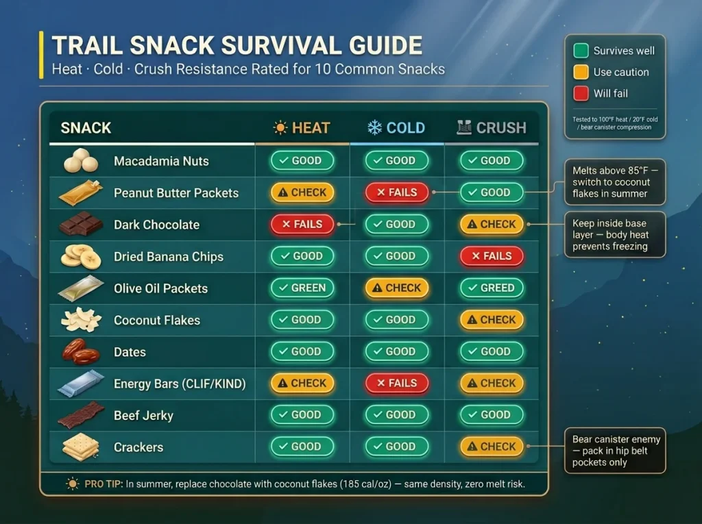 Visual grid rating 10 trail snacks by heat survival, cold survival, and crush resistance with green yellow red indicators for backpackers