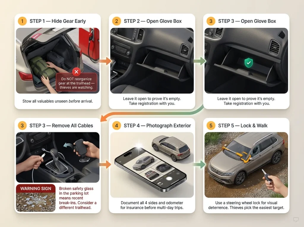 Infographic showing a 5-step security checklist for parking cars safely at remote hiking trailheads