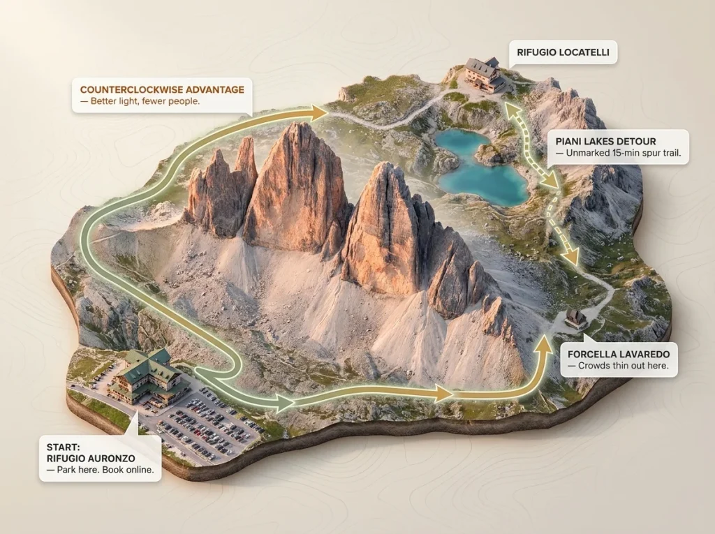 Infographic showing Tre Cime loop map with key decision points, Piani Lakes detour, and counterclockwise advantage