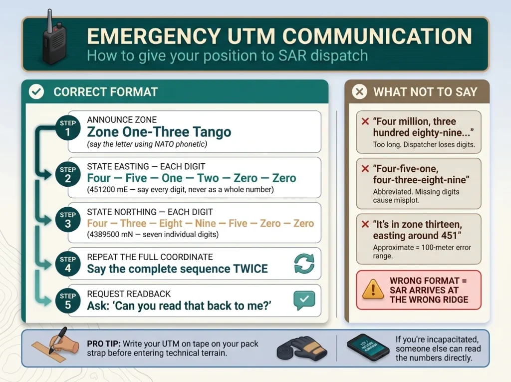 Infographic showing correct verbal format for communicating UTM coordinates to search and rescue, with right vs wrong examples and dispatcher readback reminder