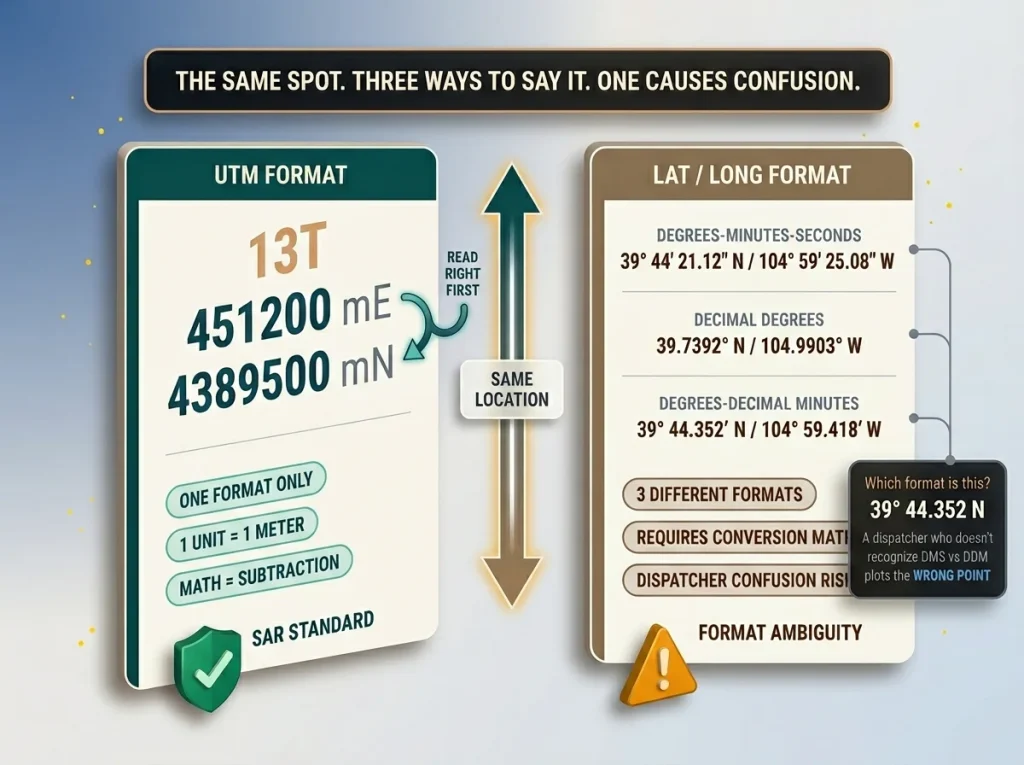 Infographic comparing UTM coordinate format vs three lat/long formats for the same location, with labels showing why UTM eliminates confusion