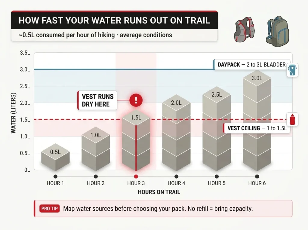 Infographic bar chart showing trail hours multiplied by 0.5L per hour versus vest 1–1.5L and daypack 2–3L water capacity limits