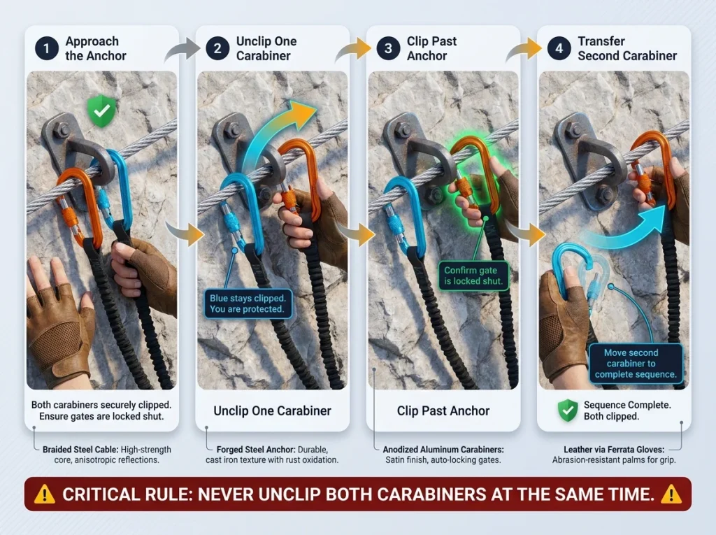 Infographic showing the 4-step via ferrata anchor clipping sequence with Y-lanyard safety rules