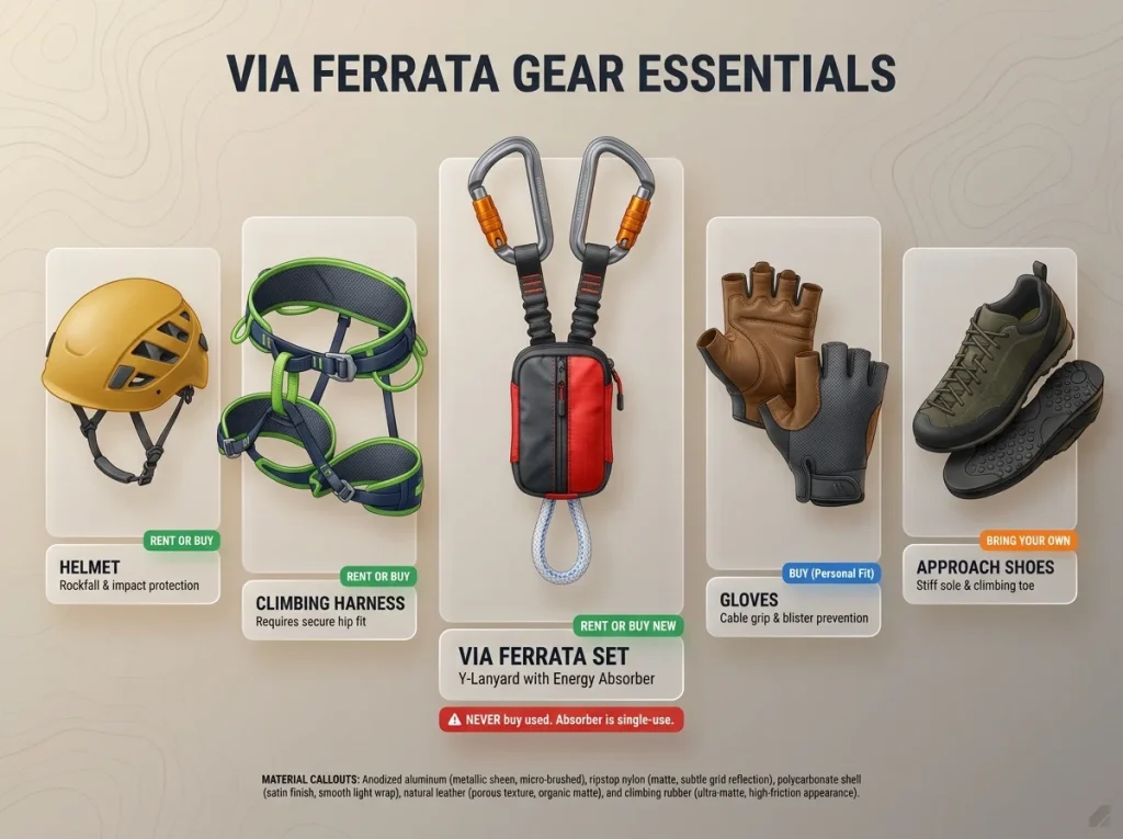 Infographic showing 5 essential via ferrata gear pieces with rent versus buy recommendations and safety functions