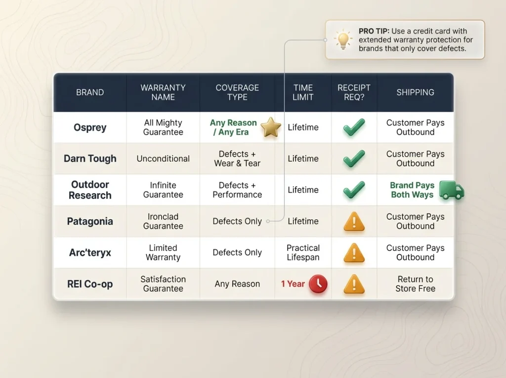 Infographic showing gear warranty comparison table with coverage types, time limits, and shipping costs for major brands