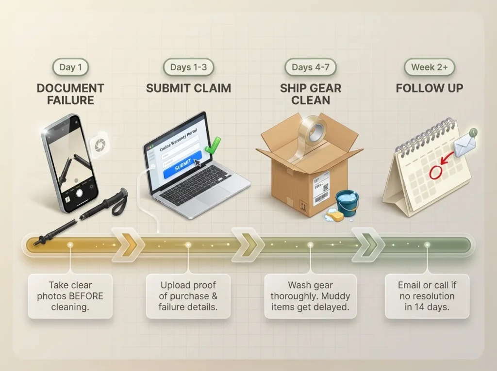 Infographic showing 4 steps for hiking gear warranty claims with document, submit, ship, and follow-up timelines