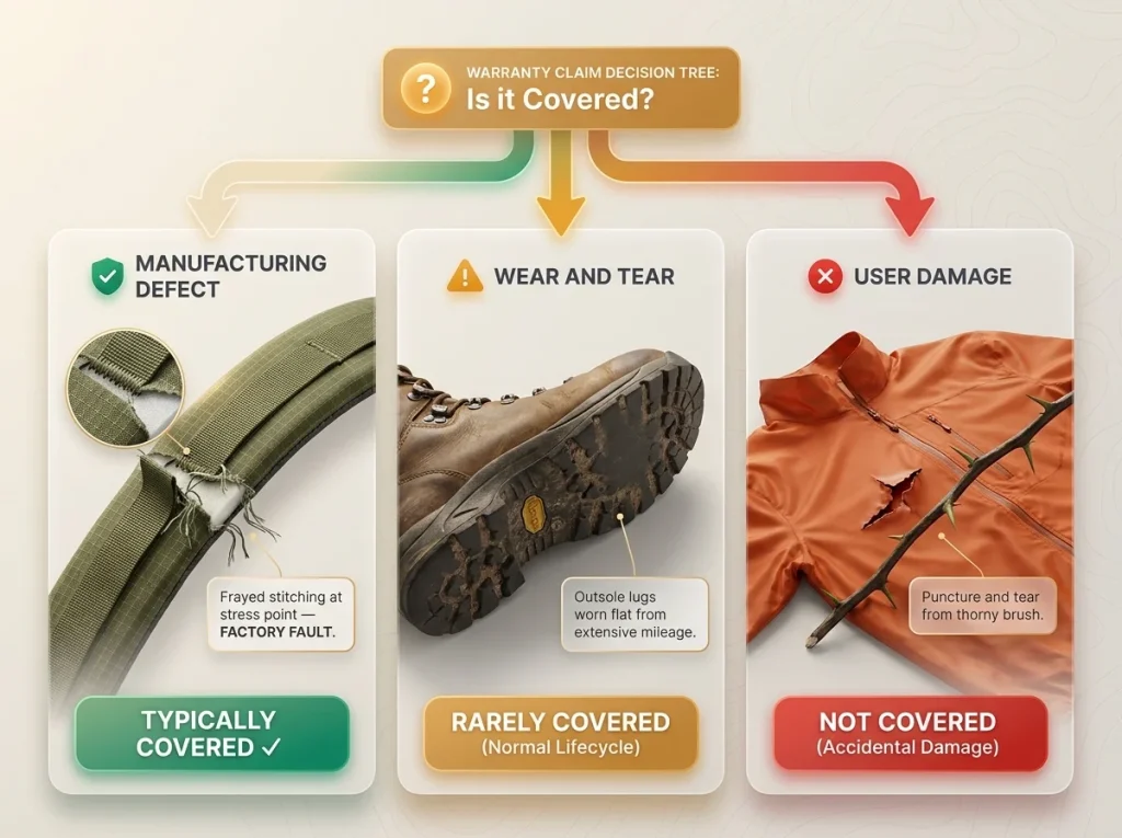 Infographic showing warranty claim decision tree with manufacturing defects, wear and tear, and user damage examples