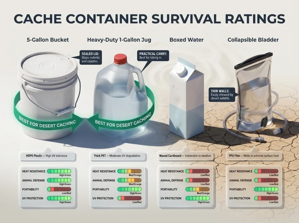 Infographic comparing water caching containers showing heat, animal, portability, and UV protection ratings