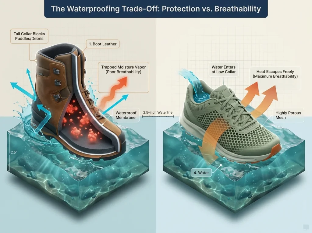 Infographic cross-section comparing a waterproof mid-cut boot with a breathable low-cut mesh shoe
