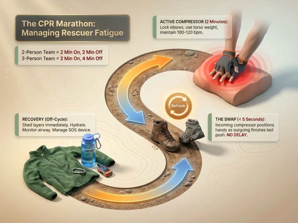 Infographic showing 2-minute CPR rotation cycles for backcountry teams with energy management tips