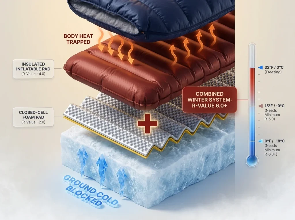 Infographic diagram showing how to stack a foam sleeping pad and an inflatable pad to achieve a high combined R-value for winter camping.