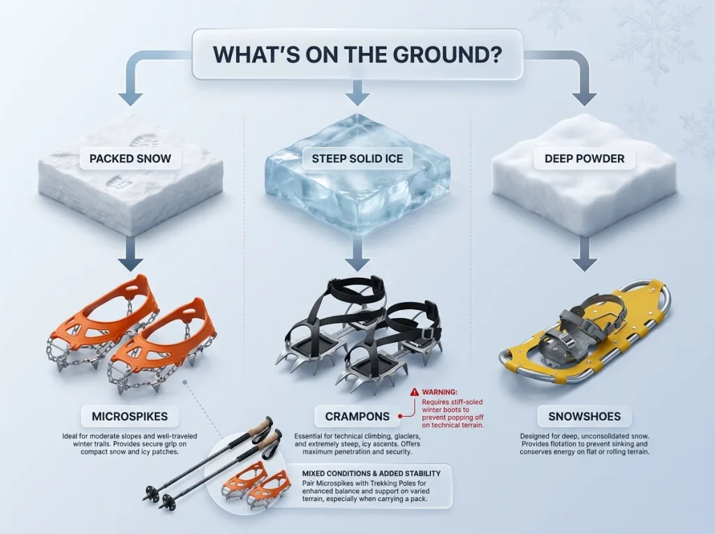 Infographic showing a decision tree for winter hiking traction, matching packed snow to microspikes, ice to crampons, and powder to snowshoes.