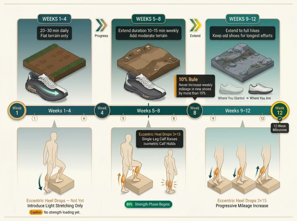 Infographic showing 12-week zero drop shoe transition timeline with weekly phases, terrain progression, and calf exercise illustrations per phase
