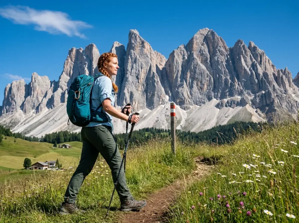 Adolf Munkel Trail hiker below Odle Geisler peaks in Val di Funes meadow