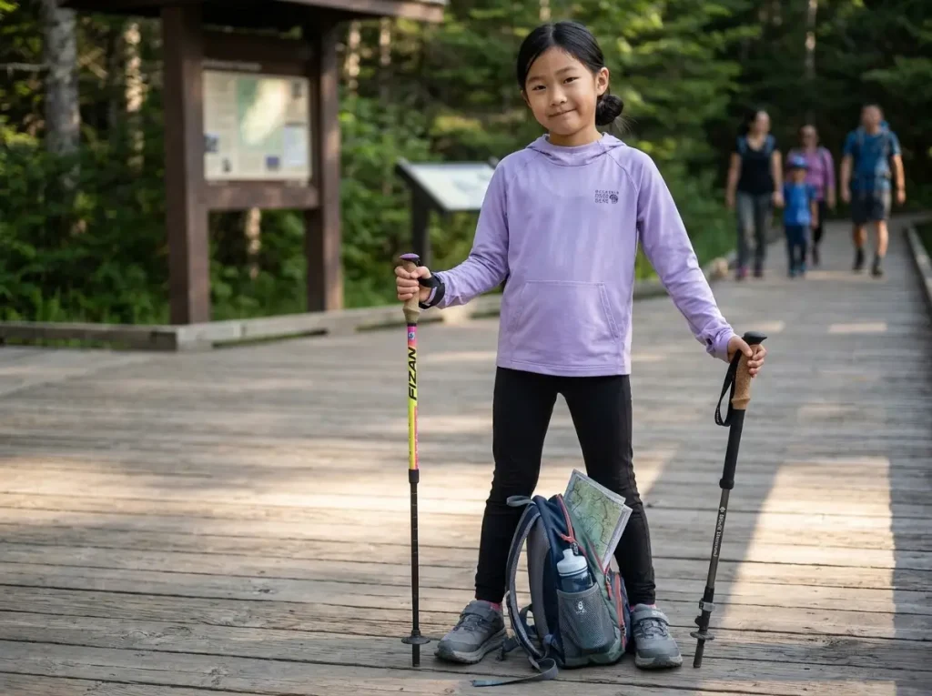 Side-by-side comparison of adult and kids trekking poles held by a child