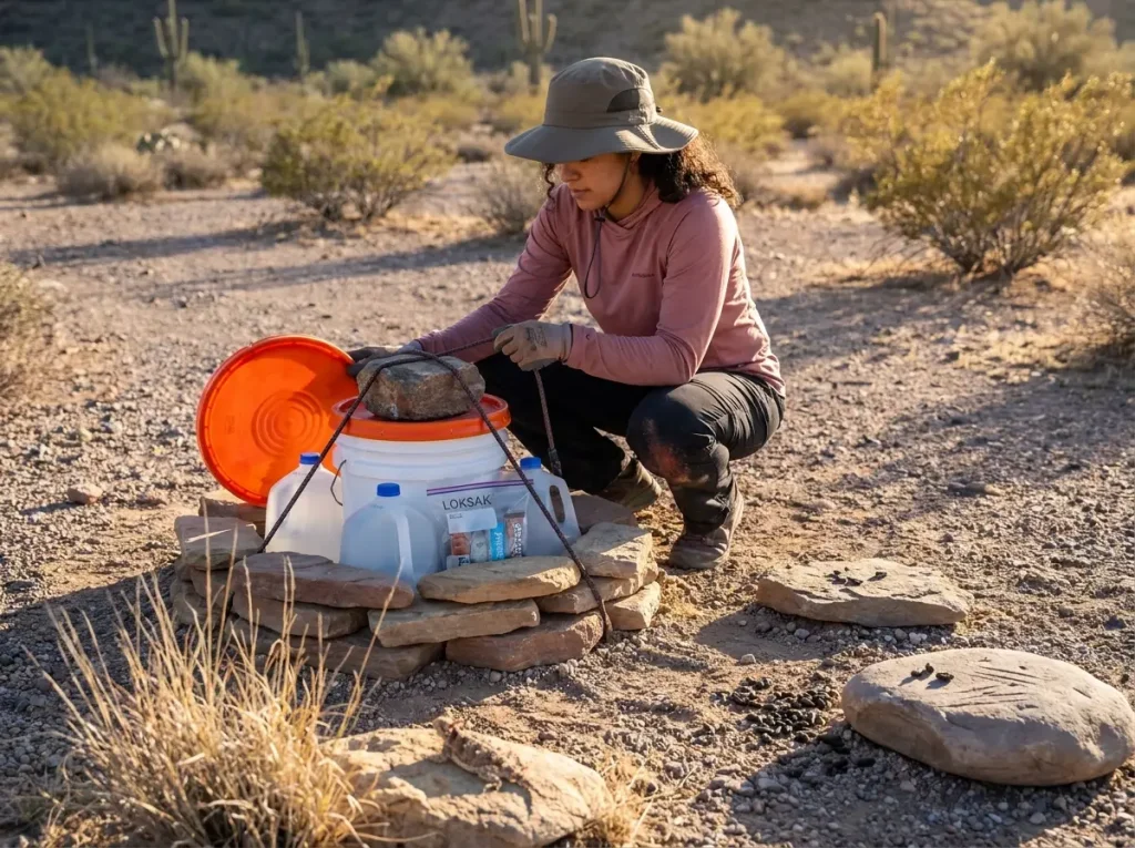Five-gallon bucket water cache buried under rocks with lid secured against desert animals