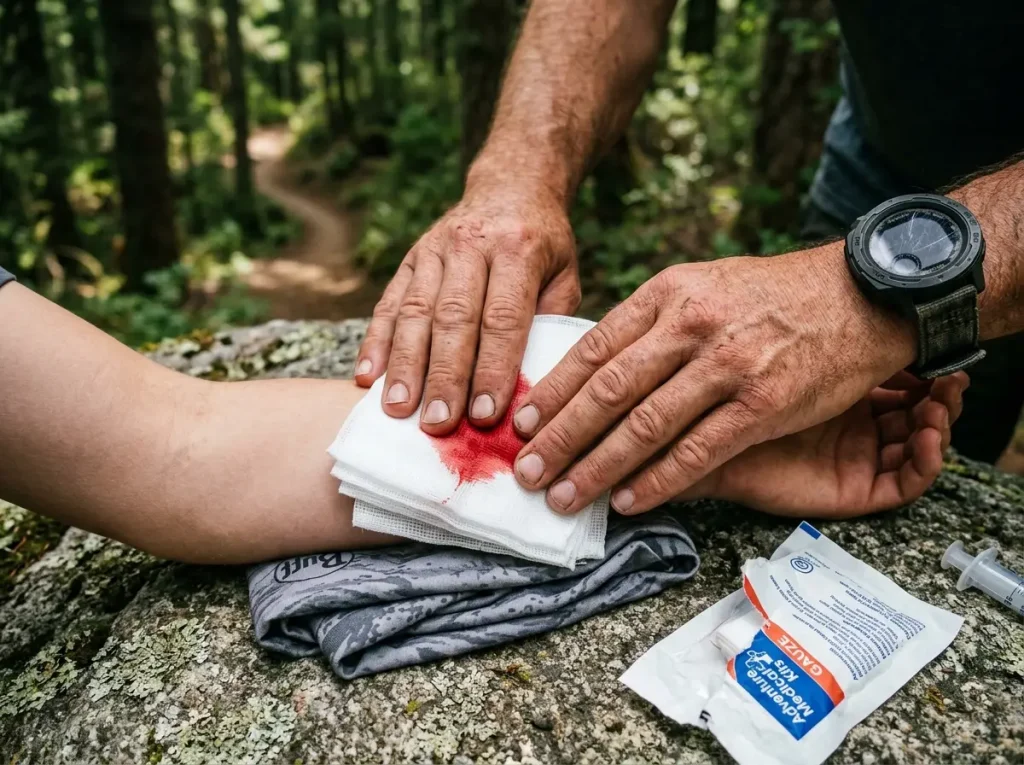 Close-up of bright red arterial blood on sterile gauze during backcountry first aid treatment