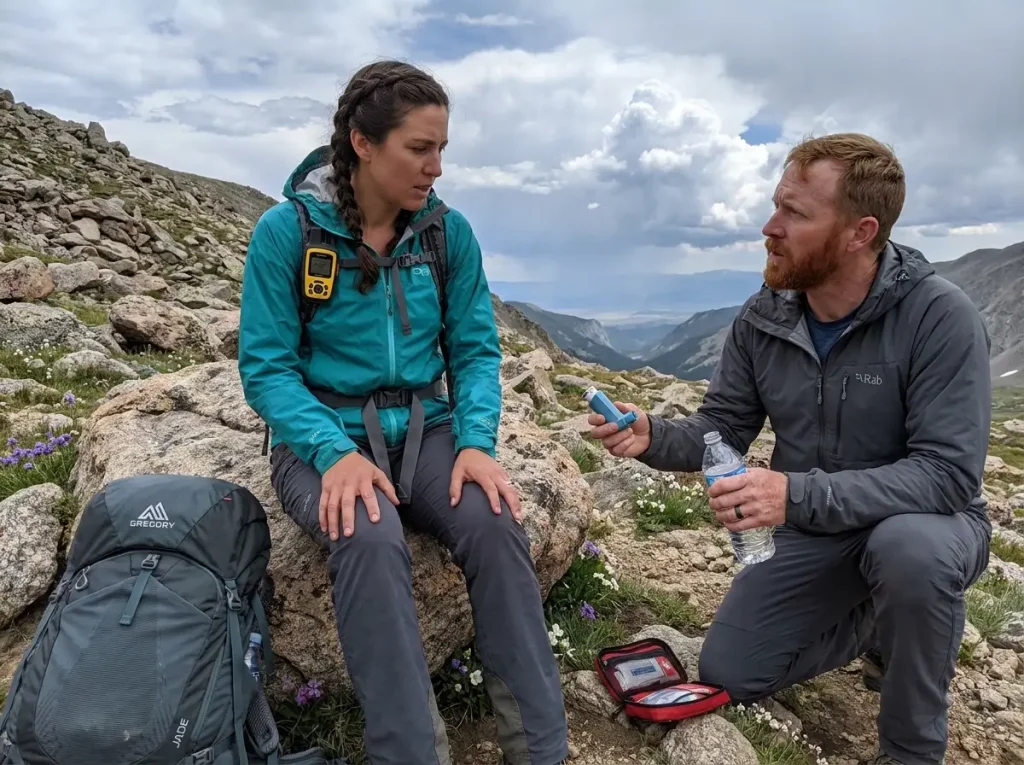 Hiking partner helping seated hiker during asthma emergency on remote trail