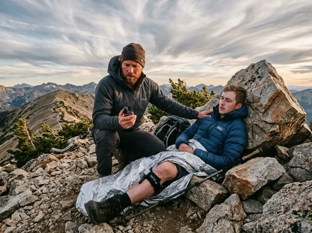 Hiker checking satellite messenger next to an injured partner with a tourniquet on a remote alpine ridge