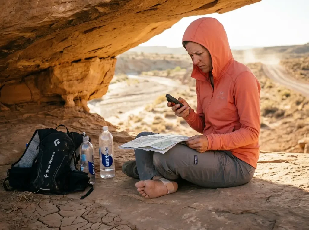 Hiker checking satellite messenger and map at a dry desert water source