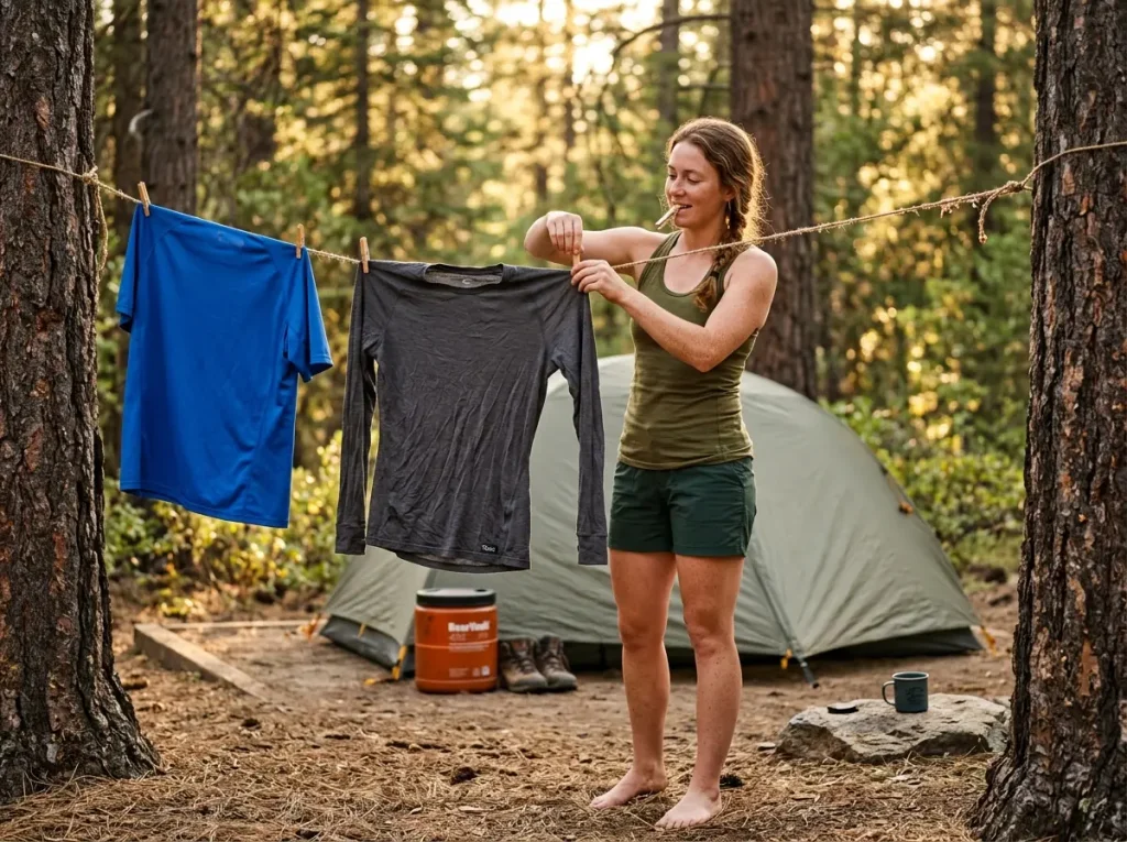 Hiker hanging bamboo base layer to air dry at campsite clothesline