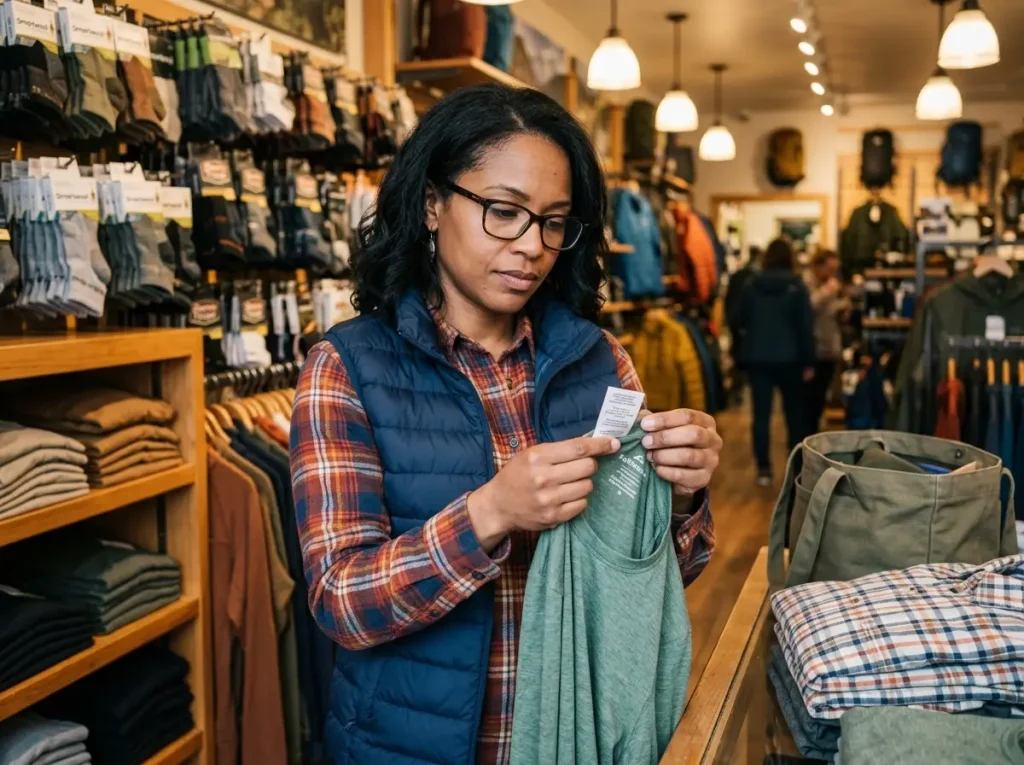 Hiker examining clothing label showing bamboo blend percentage at gear shop
