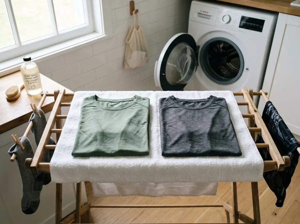 Bamboo hiking shirts laid flat to air dry on a clean towel at home