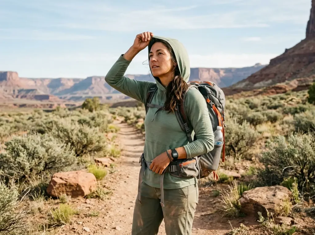 Hiker adjusting bamboo fabric sun hoodie on a sunlit desert trail