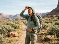 Sweaty Truth About Bamboo Fabric for Hiking Hiker adjusting bamboo fabric sun hoodie on a sunlit desert trail