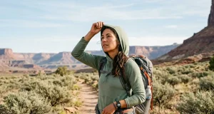 Sweaty Truth About Bamboo Fabric for Hiking Hiker adjusting bamboo fabric sun hoodie on a sunlit desert trail