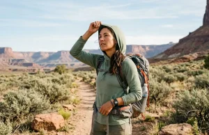 Sweaty Truth About Bamboo Fabric for Hiking Hiker adjusting bamboo fabric sun hoodie on a sunlit desert trail