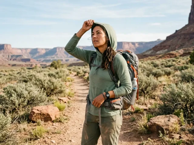 bamboo-fabric-hiking-sun-hoodie-trail Hiker adjusting bamboo fabric sun hoodie on a sunlit desert trail