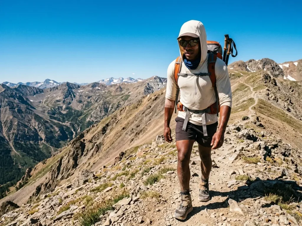 Hiker in light-colored bamboo hoodie under harsh midday sun on exposed ridge