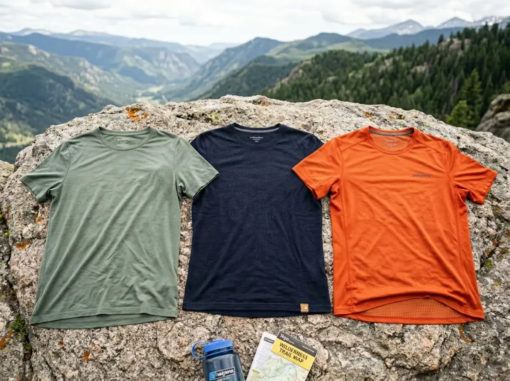 Three different hiking base layer fabrics laid flat on a rock for comparison
