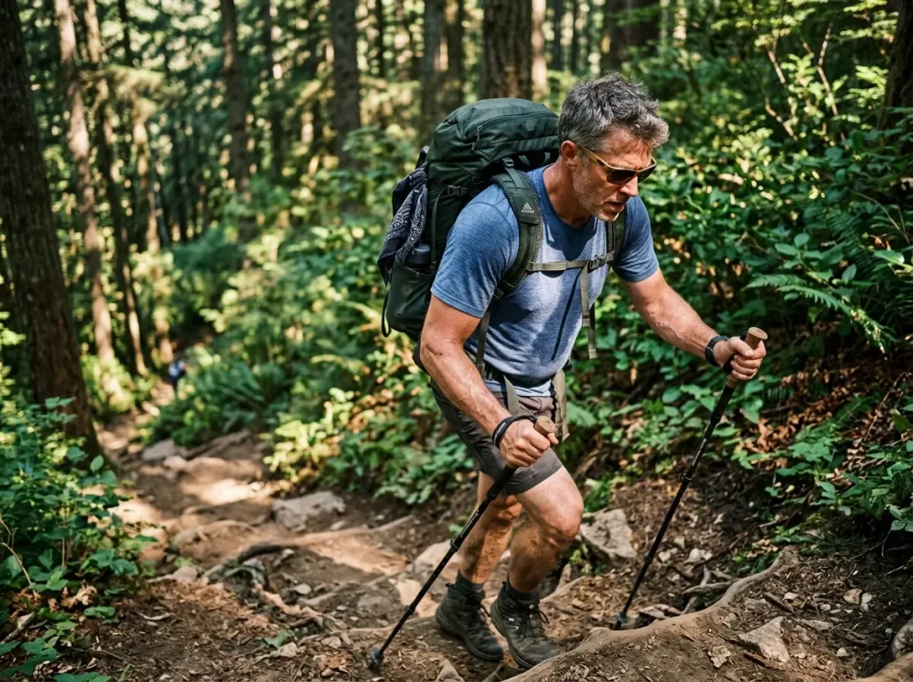 Hiker with visible sweat patterns on bamboo shirt during steep uphill climb