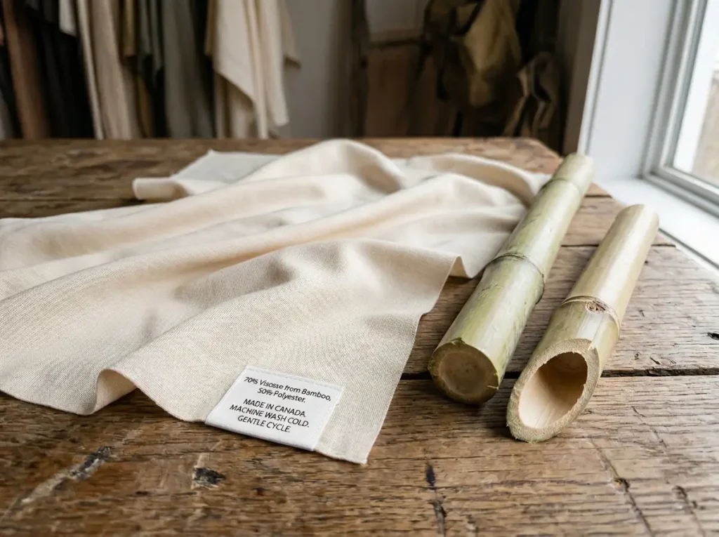 Close-up of bamboo viscose fabric texture next to raw bamboo stalks