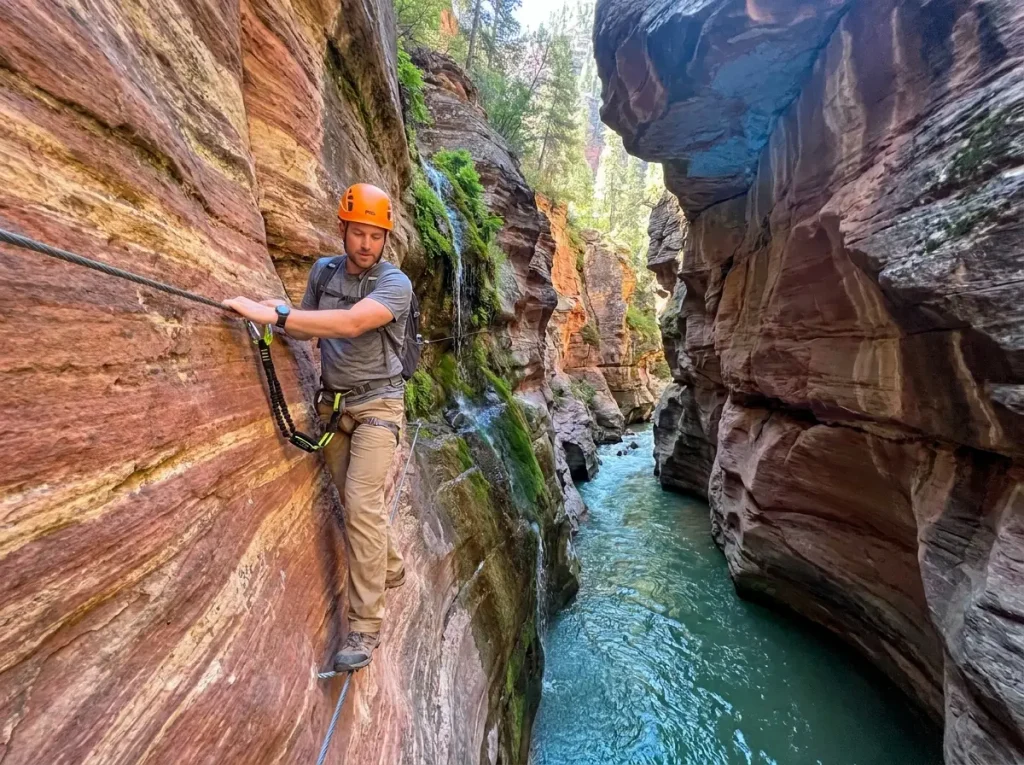 Ouray Colorado via ferrata route on canyon wall with beginner-friendly terrain