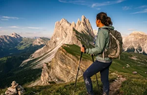 Best Hikes in the Dolomites Italy After 3 Trips Hiker on Dolomites ridgeline trail with jagged limestone peaks in golden hour light