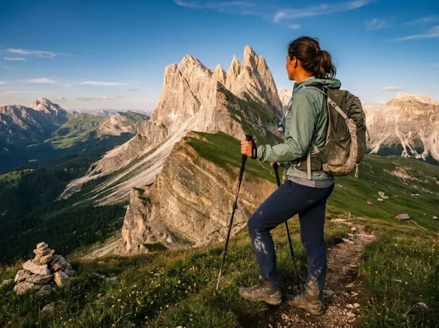 best-hikes-dolomites-italy-guide-hero Hiker on Dolomites ridgeline trail with jagged limestone peaks in golden hour light