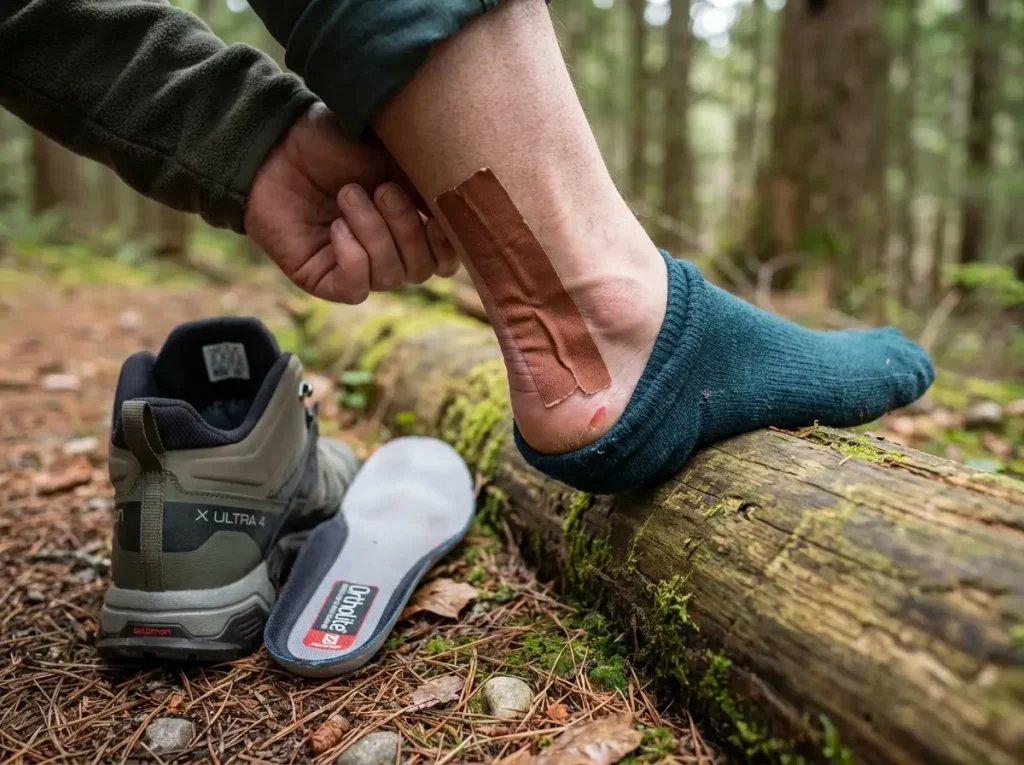 Close-up of a hiker's heel showing hot spot tape over merino socks