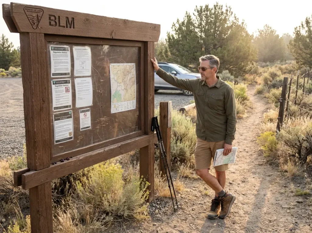 BLM desert trailhead information kiosk with regulations posted near hiking trail