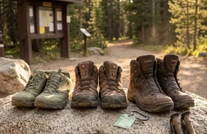 Best Boot Height for Your Pack Weight and Terrain Three hiking boot heights lined up on a rock showing ankle high mid cut and low cut options